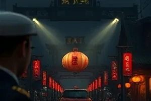 蓝莓视频首页主推位：夜色中亮着灯的放映厅外立面